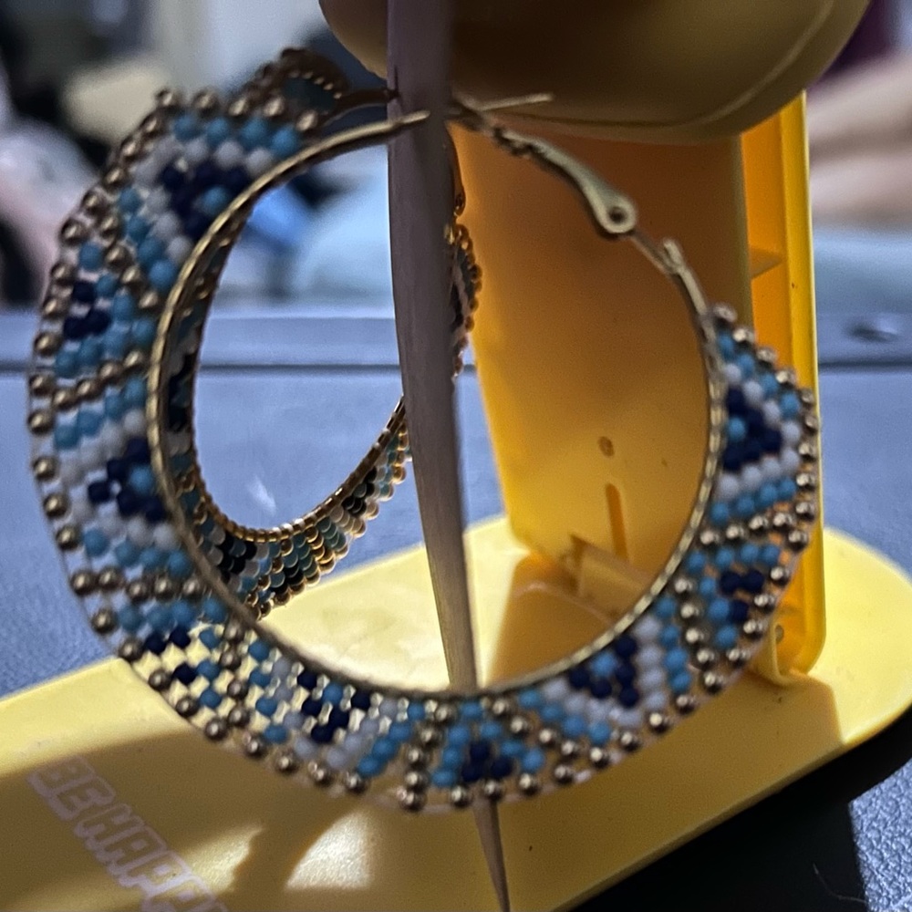 Seed bead, light, blue, dark, blue, white, and gold hoop earrings - Picture 2 of 2